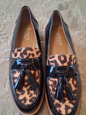 Franco Sarto Black Patent Loafers with Leopard Print